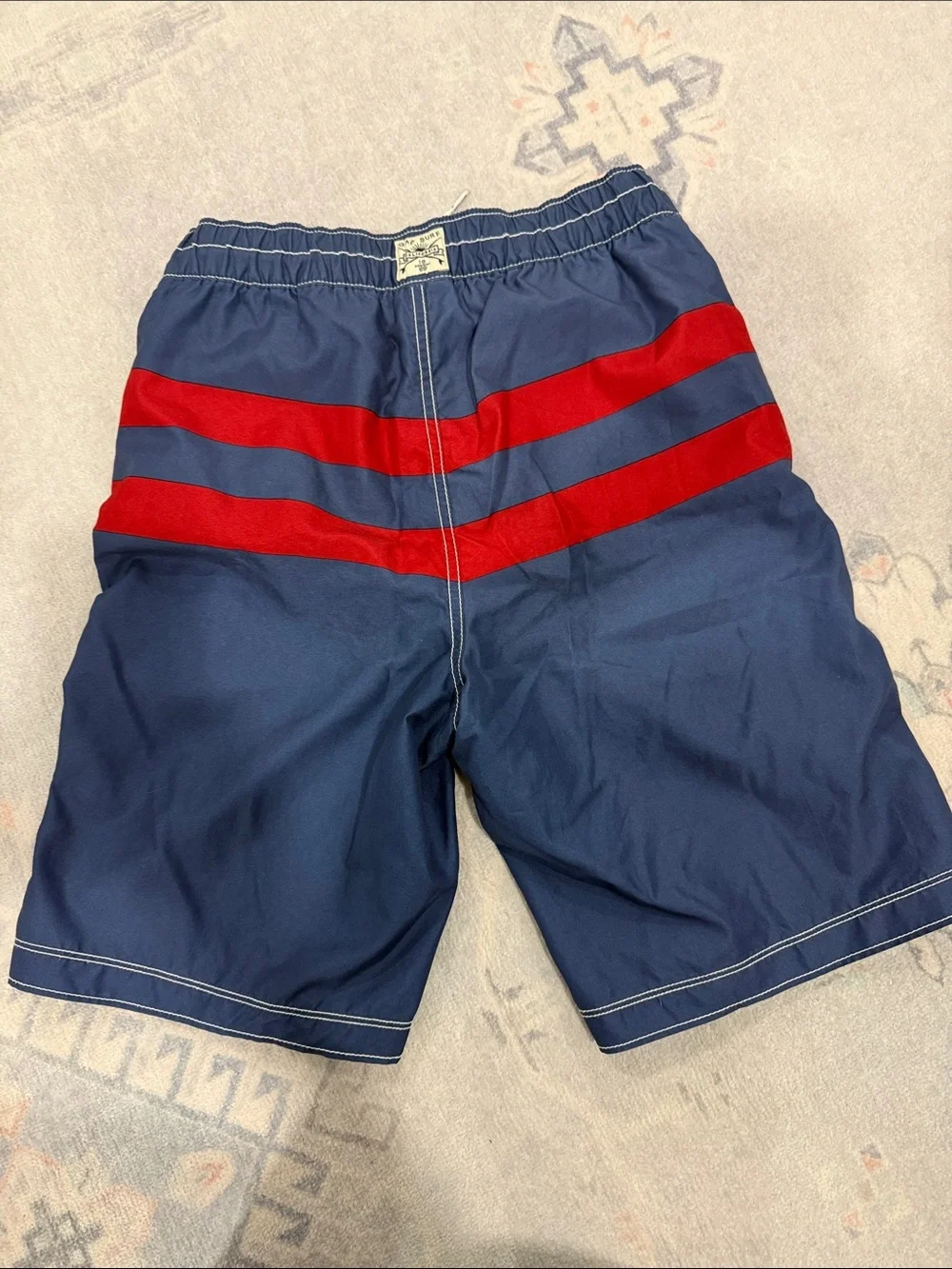 Boys Navy Swim Trunks with Red Stripes